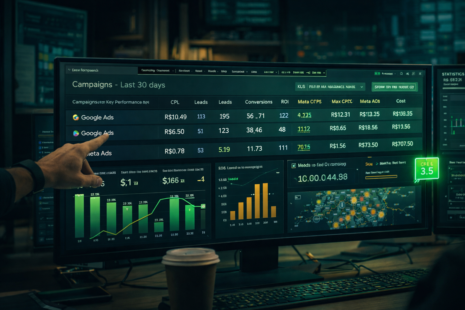 Gestor de tráfego analisando métricas de conversão e otimizando campanha — LeadFlow