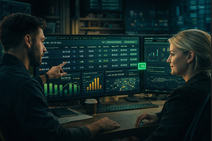 Dashboard com resultados reais de campanha de tráfego pago — LeadFlow
